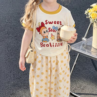 Girls Yellow Typography Print Short Sleeve T-Shirt With Polka Dot Pants Sets 2 pc. Sets