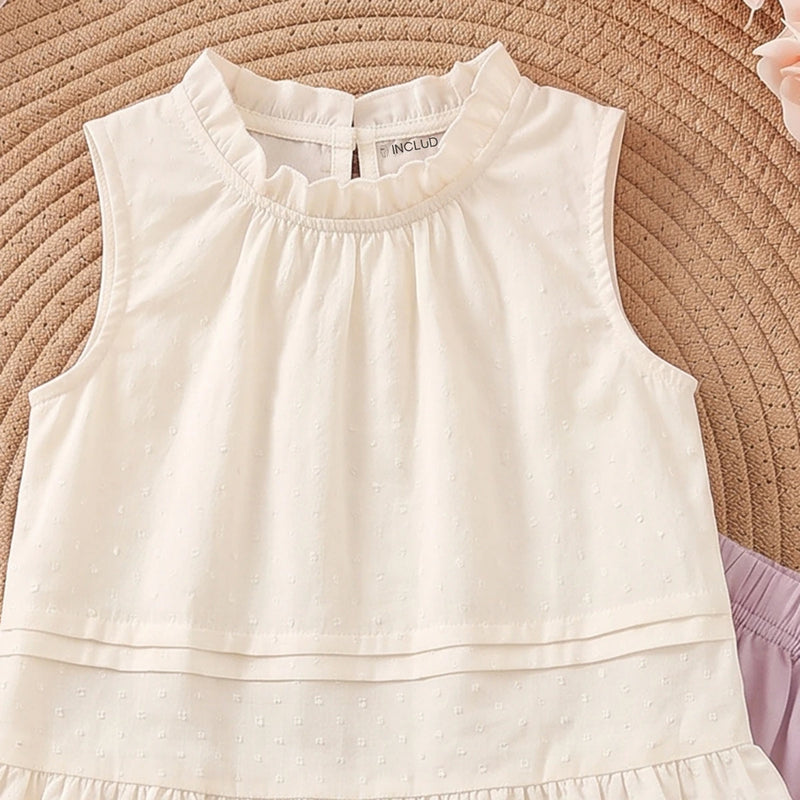 Girls Off White Self-Design Sleeveless Top With Pants Sets 2 pc. Sets