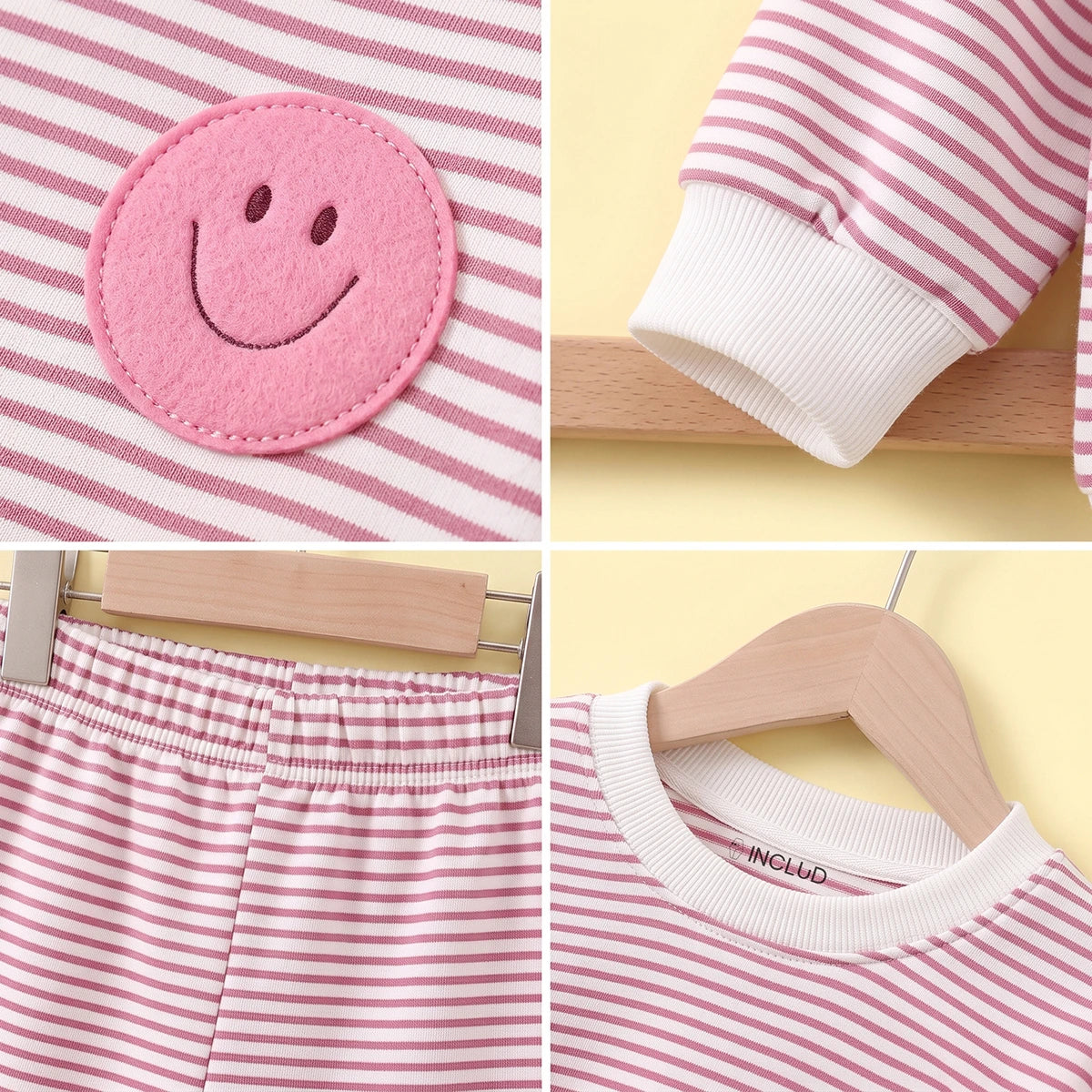 Girls Red Striped Smiley Printed Sweatshirt & Joggers Sets Sets