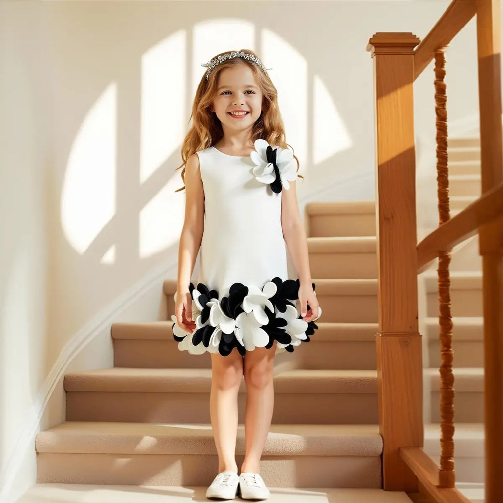 Girls White Sleeveless A-line Party Wear Dress With 3D Flowers Appliques Party Dresses