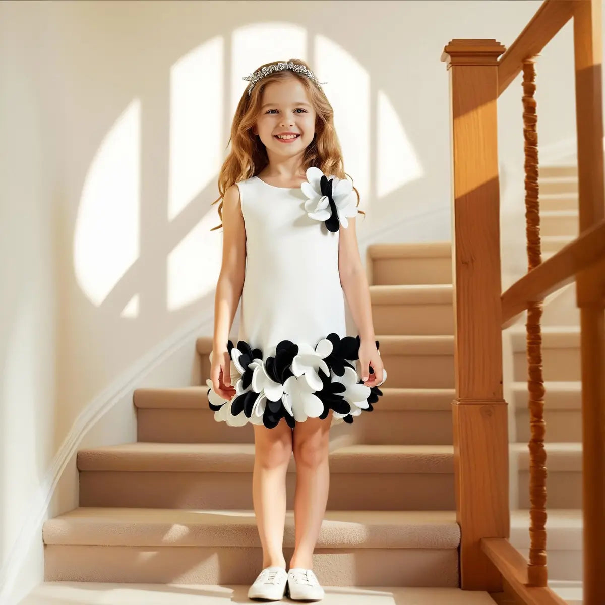 Girls White Sleeveless A-line Party Wear Dress With 3D Flowers Appliques Party Dresses