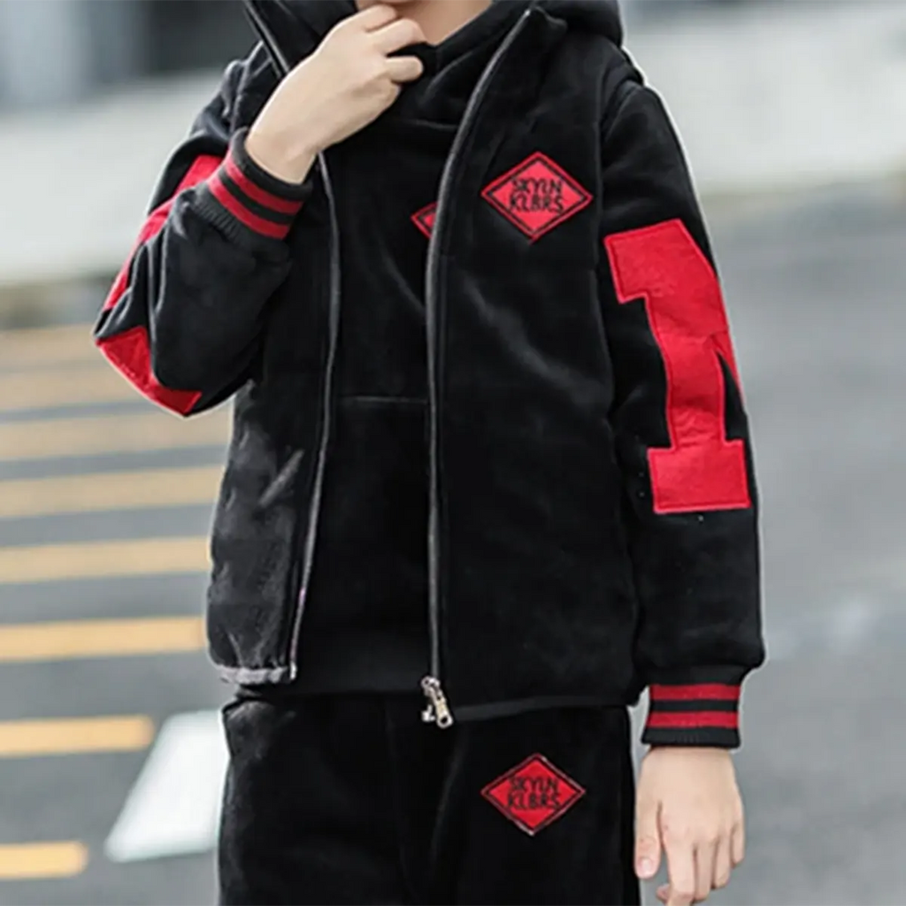 Boys Black Patch Embroidered Hoodie With Sleeveless Jacket & Jogger Sets Sets