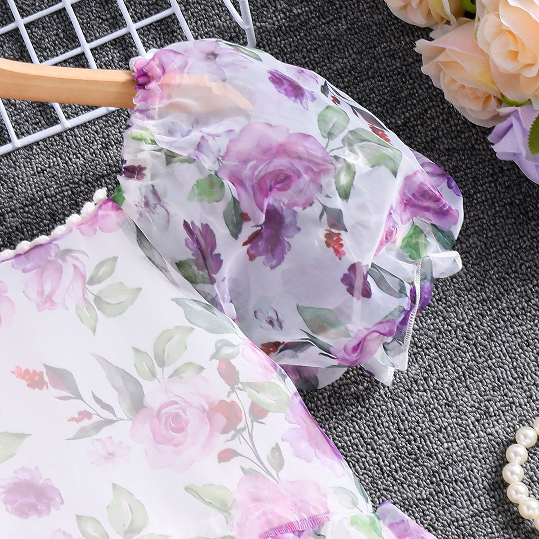 Girls White Floral Print Short Sleeve Fit & Flare Dress Casual Dresses