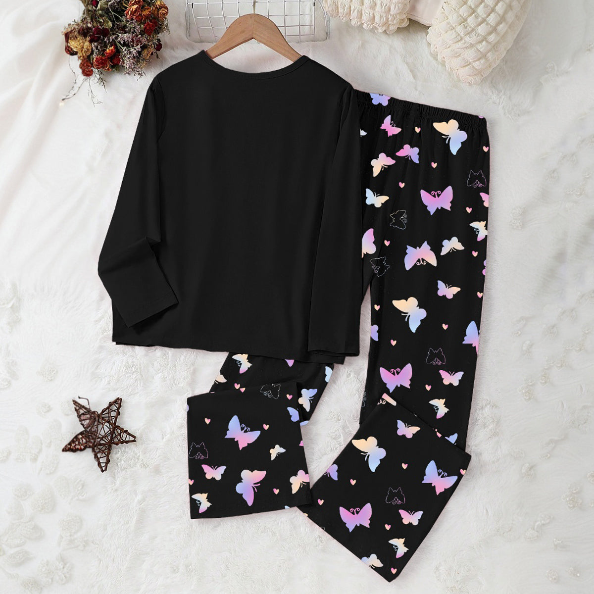 Girls Black Heart Printed Glow in the Dark T-Shirt & Pajama Winter Set 2 pc. Sets