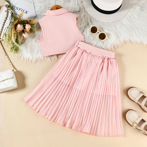 Girls Light Pink Sleeveless Top With Pleated Flared Skirt Sets 2 pc. Sets
