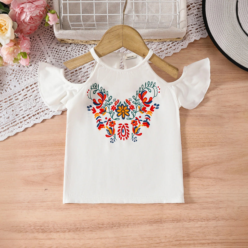 Girls White Floral Print Cold Shoulder Sleeves Top With Denim Skirts Set Sets