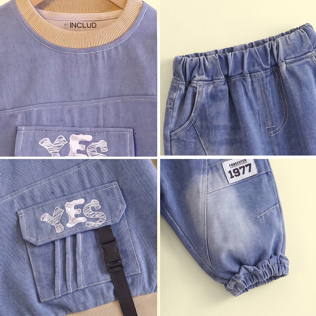 Boys Blue Typographic Sweatshirt & Denim Pants Sets Sets