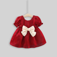 Girls Short Sleeve Square Neck Dress With Bow Casual Dresses   