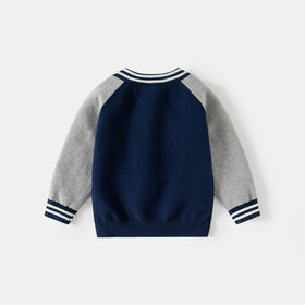 Boys Navy Blue Long Sleeve Cardigan With Sleeve cuff And Neck Stripes Sweaters & Cardigans