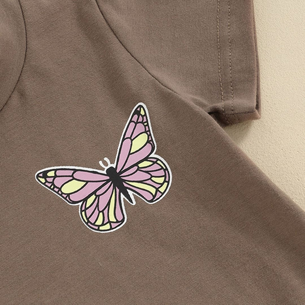 Girls Fringe T-shirt With Butterfly Print Flared Pants Set Sets   