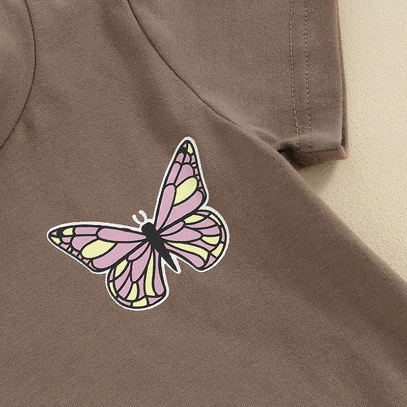 Girls Fringe T-shirt With Butterfly Print Flared Pants Set Sets   