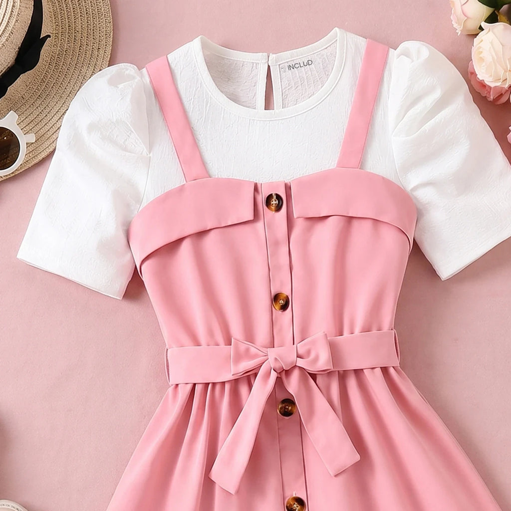 Girls Pink Sleeveless Pinafore Dress With Top Casual Dresses