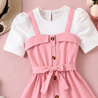 Girls Pink Sleeveless Pinafore Dress With Top Casual Dresses