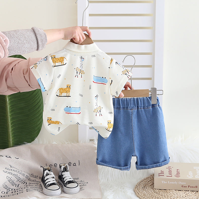 Boys Off White Animals Printed Polo T-Shirt With Denim Shorts Set 2 pc. Sets