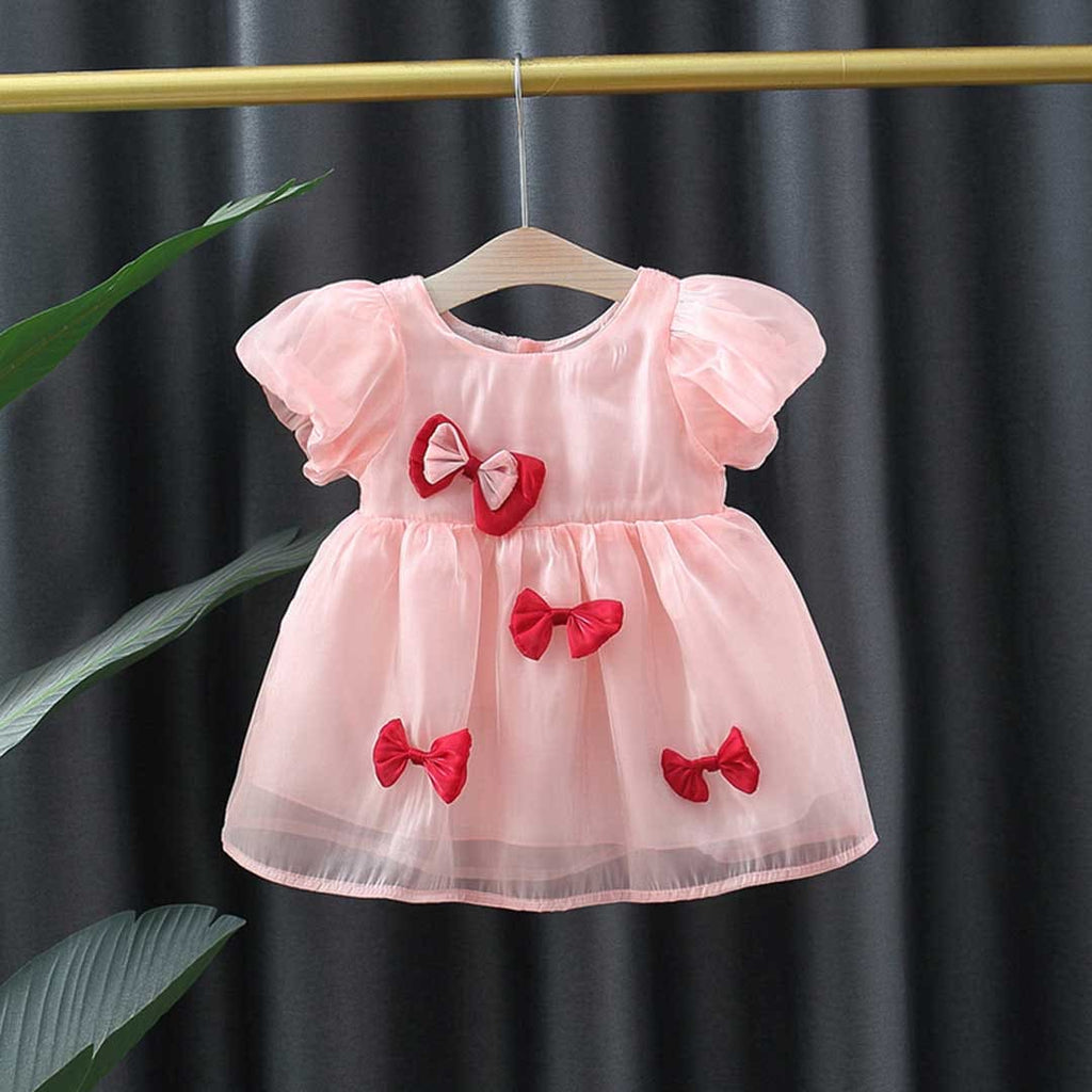 Girls Puff Sleeves Bow Applique Dress