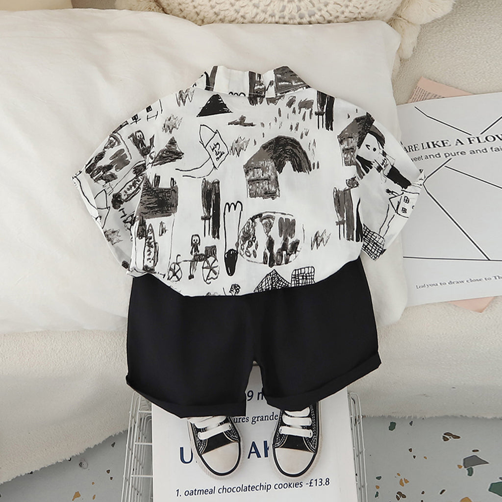 Boys Abstract Printed Short Sleeves Shirt With Black Shorts Set 2 pc. Sets