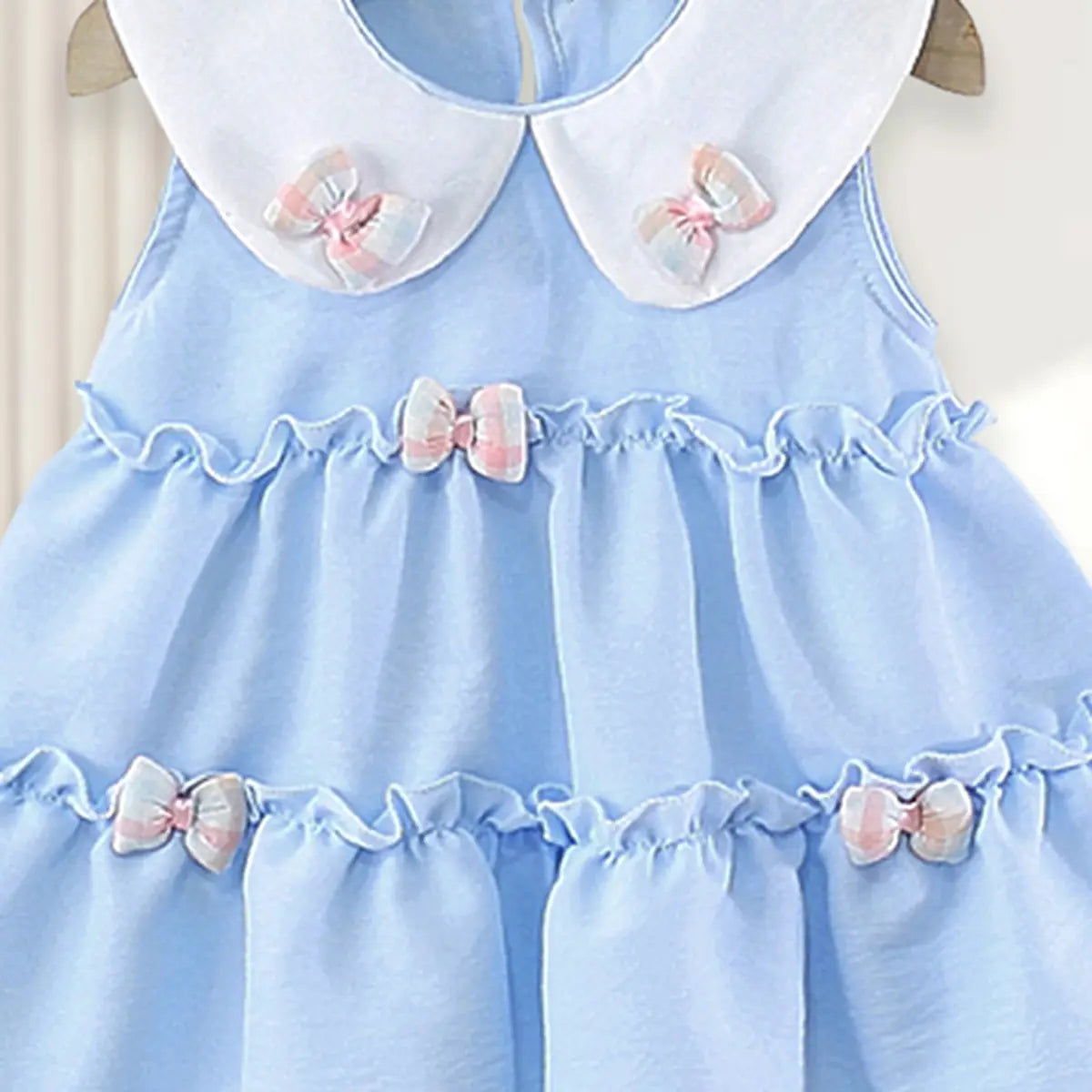 Girls Light Blue Peter Pan Collar Tiered Dress With Bow Details Casual Dresses