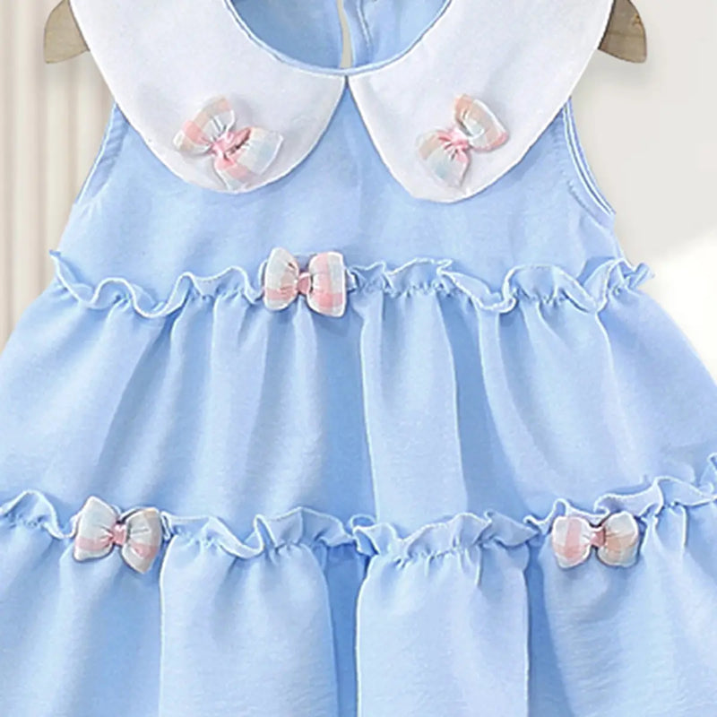 Girls Light Blue Peter Pan Collar Tiered Dress With Bow Details Casual Dresses