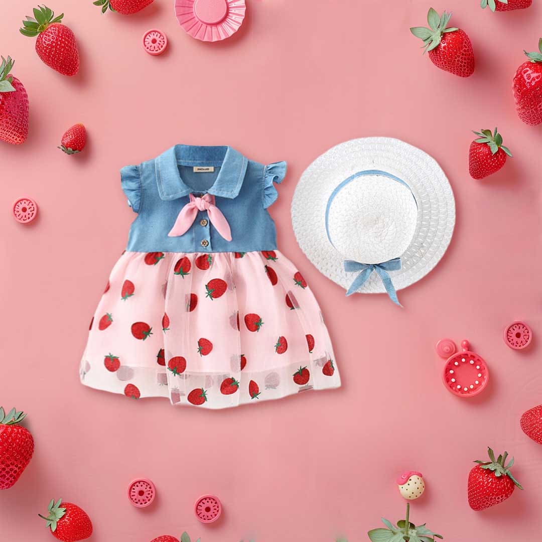 Girls Strawberry Printed Fit & Flare Dress Casual Dresses Pink 1-2 Y 