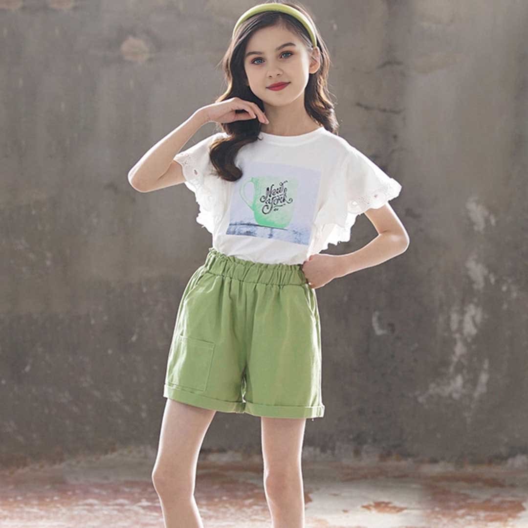 Girls Lace Sleeve Graphic Top With Shorts Set 2 pc. Sets   