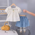 Girls White Polka Dot Printed Puff Sleeve Top With Denim Shorts Sets 2 pc. Sets White 1-2 Y