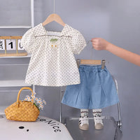 Girls White Polka Dot Printed Puff Sleeve Top With Denim Shorts Sets 2 pc. Sets White 1-2 Y