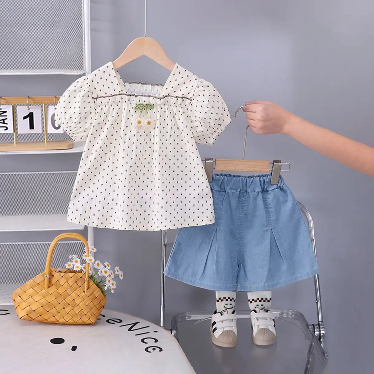 Girls White Polka Dot Printed Puff Sleeve Top With Denim Shorts Sets 2 pc. Sets White 1-2 Y