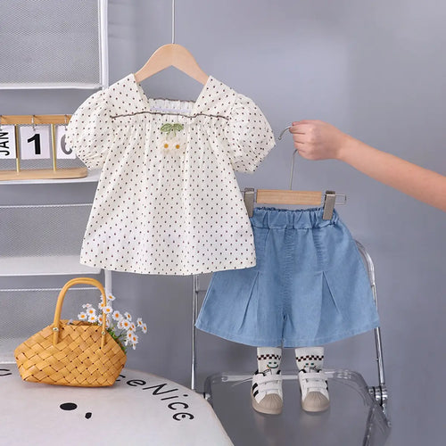 Girls White Polka Dot Printed Puff Sleeve Top With Denim Shorts Sets 2 pc. Sets White 1-2 Y