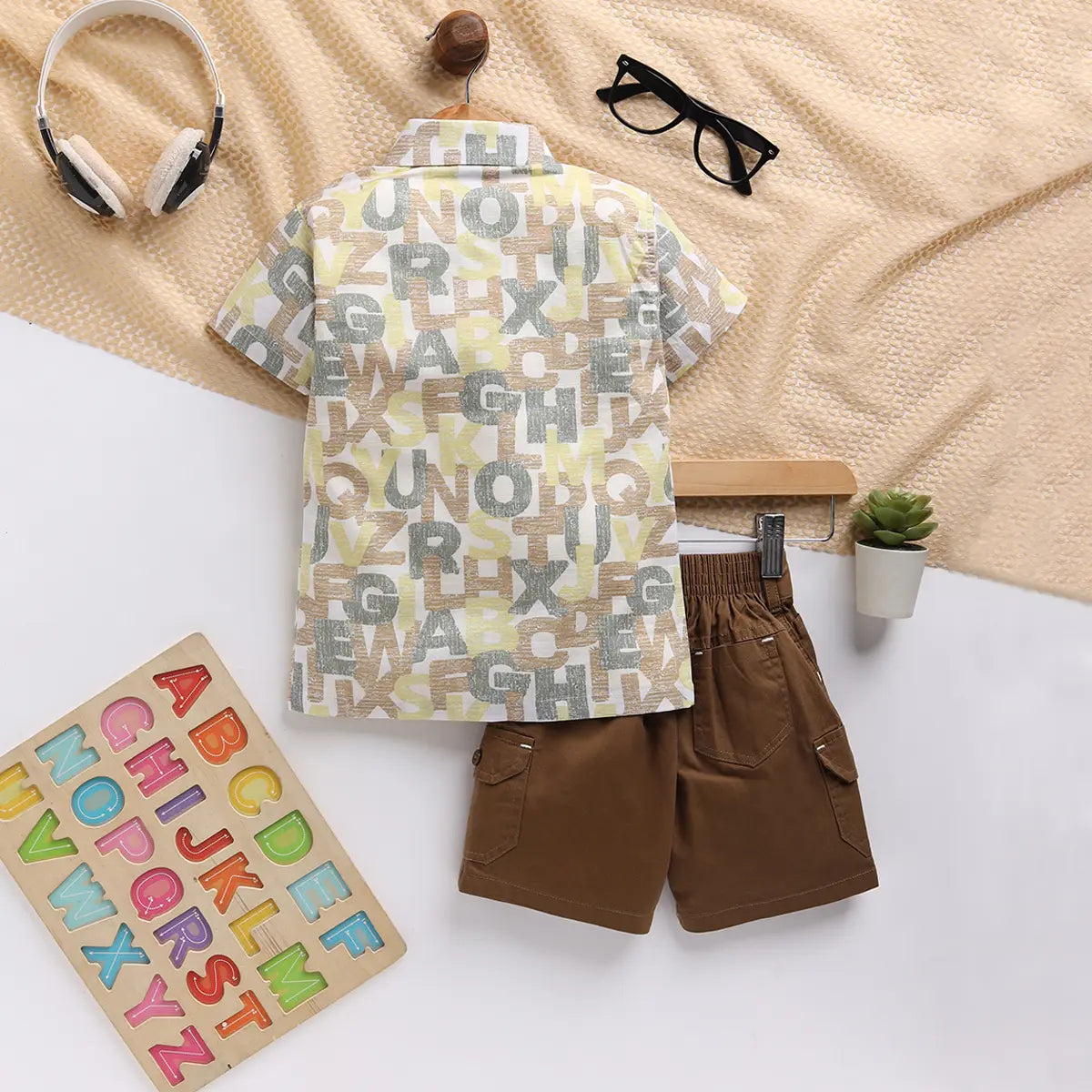 Boys Yellow Typographic Shirt With Printed T-Shirt And Twill Shorts Sets 3 pc. Sets