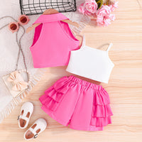 Girls Fuchsia Waistcoat with Spaghetti Top & Tiered Ruffle Shorts Set 3 pc. Sets