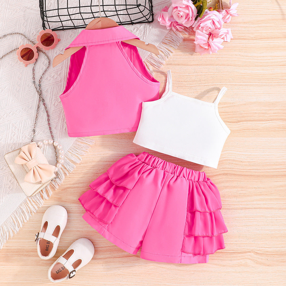 Girls Fuchsia Waistcoat with Spaghetti Top & Tiered Ruffle Shorts Set 3 pc. Sets