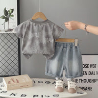 Boys Grey Typographic Printed Short Sleeve T-shirt With Denim Shorts Sets 2 pc. Sets