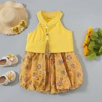 Girls Yellow Mandarin Collar Top With Floral Print Shorts Sets Sets Yellow 1-2 Y