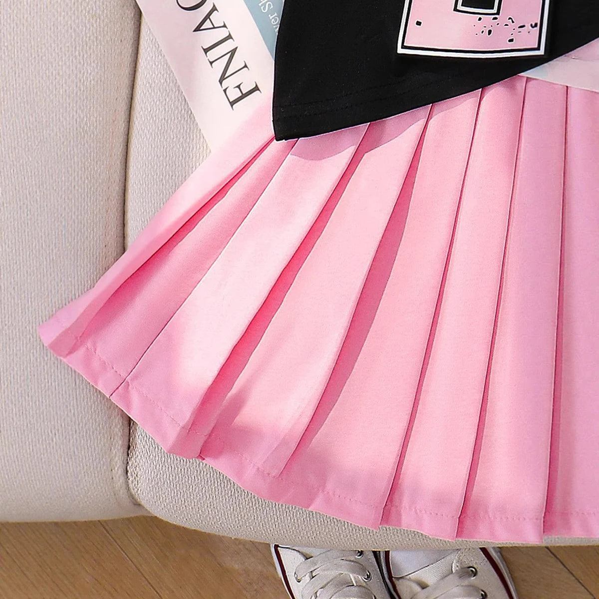 Girls Black Typographic Print Short Sleeve T-Shirt With Pleated Skirt Sets 2 pc. Sets
