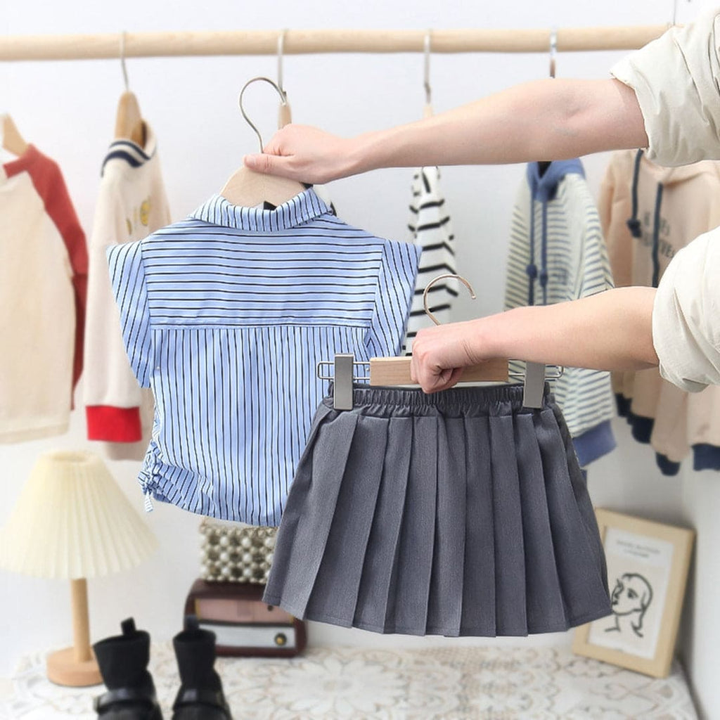 Girls Short Sleeve Striped Shirt With Pleated Skirt