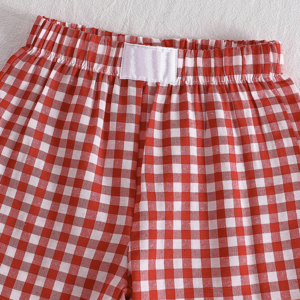 Girls Red Cherry Embroidered Short Sleeve Top With Checked Pants Sets 2 pc. Sets