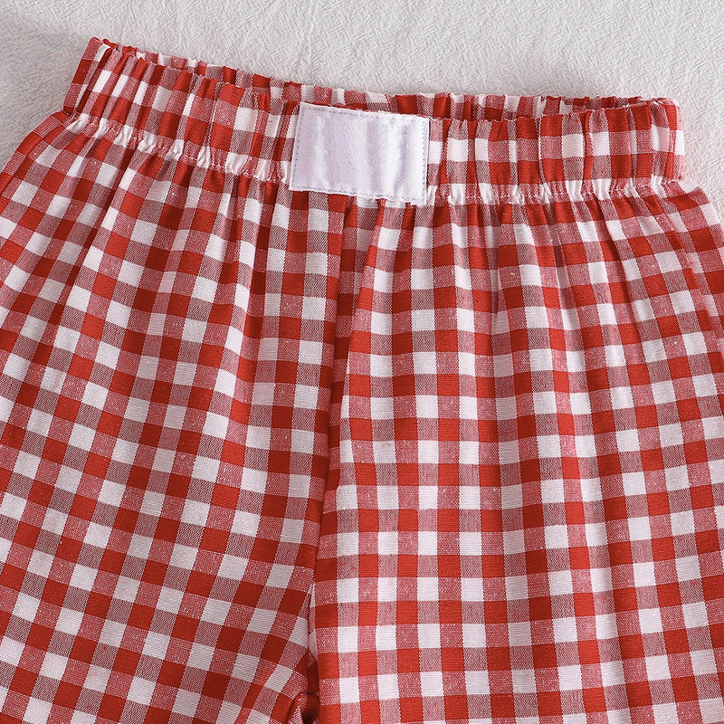 Girls Red Cherry Embroidered Short Sleeve Top With Checked Pants Sets 2 pc. Sets