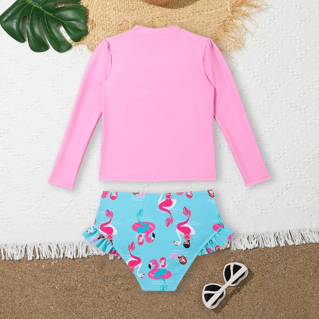 Girls Pink Mermaid Print T-Shirt With ruffled Briefs Swimwear Sets Sets