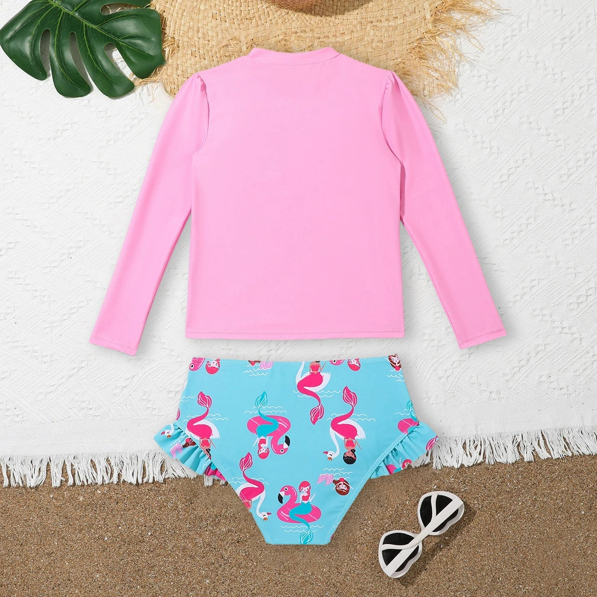 Girls Pink Mermaid Print T-Shirt With ruffled Briefs Swimwear Sets Sets