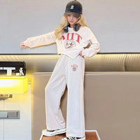 Girls Off White Typographic Printed Sweatshirt With Asymmetrical Hemline & Pant Sets Sets