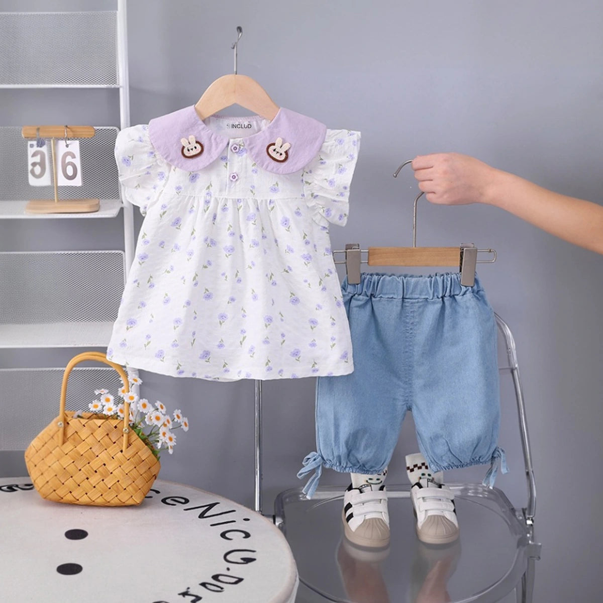 Girls Lavender Floral Printed Short Sleeve Top With Elasticated Shorts Sets 2 pc. Sets Lavender 1-2 Y