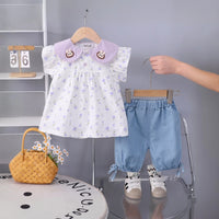 Girls Lavender Floral Printed Short Sleeve Top With Elasticated Shorts Sets 2 pc. Sets Lavender 1-2 Y