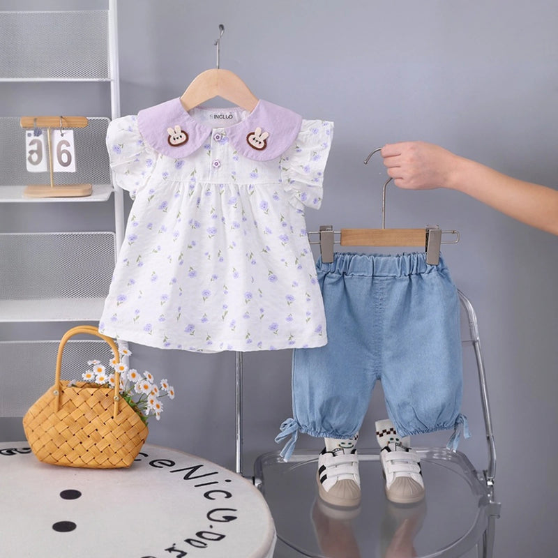 Girls Lavender Floral Printed Short Sleeve Top With Elasticated Shorts Sets 2 pc. Sets Lavender 1-2 Y