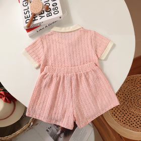 Girls Pink Short Sleeve Textured Polo T-Shirt With Shorts Sets 2 pc. Sets
