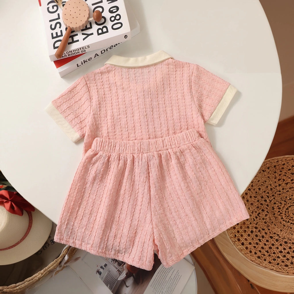 Girls Pink Short Sleeve Textured Polo T-Shirt With Shorts Sets 2 pc. Sets