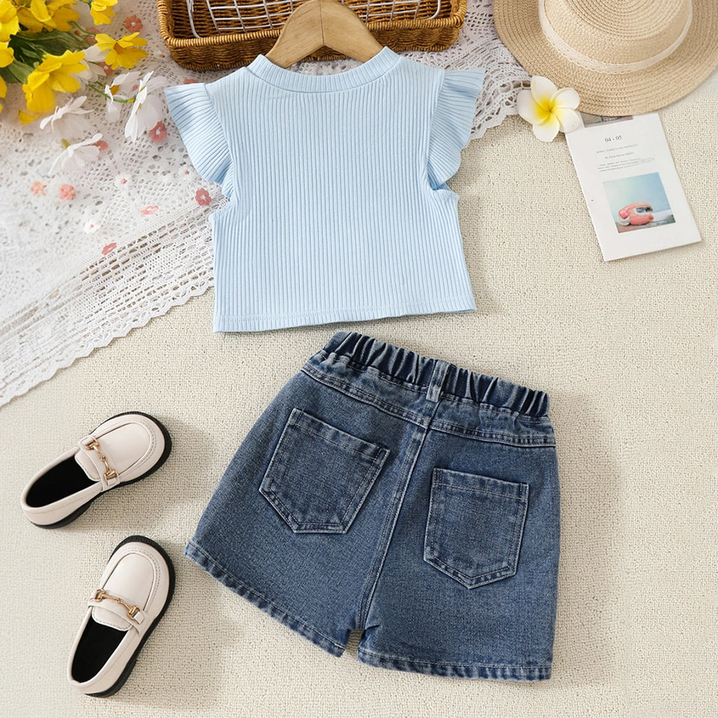 Girls Sky Blue Embellished Top With Floral Embroidered Denim Shorts Set Sets