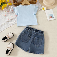 Girls Sky Blue Embellished Top With Floral Embroidered Denim Shorts Set Sets