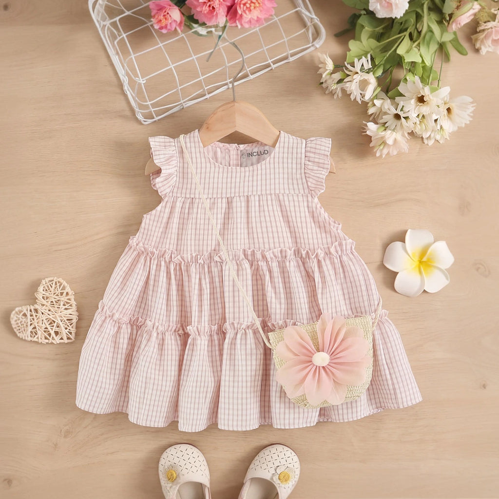Girls Light Pink Checkered Tiered Flutter Sleeve Dress Casual Dresses Light Pink 1-2 Y