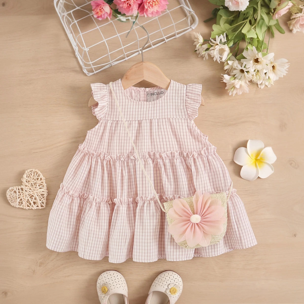 Girls Light Pink Checkered Tiered Flutter Sleeve Dress Casual Dresses Light Pink 1-2 Y