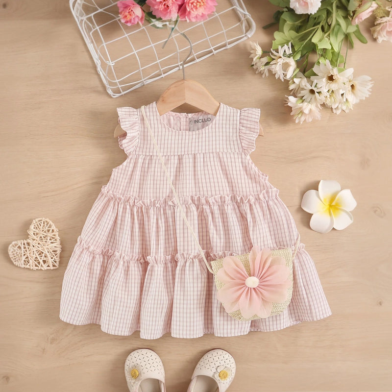 Girls Light Pink Checkered Tiered Flutter Sleeve Dress Casual Dresses Light Pink 1-2 Y